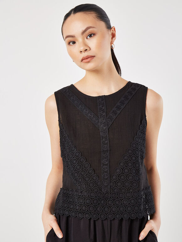 Cotton Lace Bow Top, Black, large