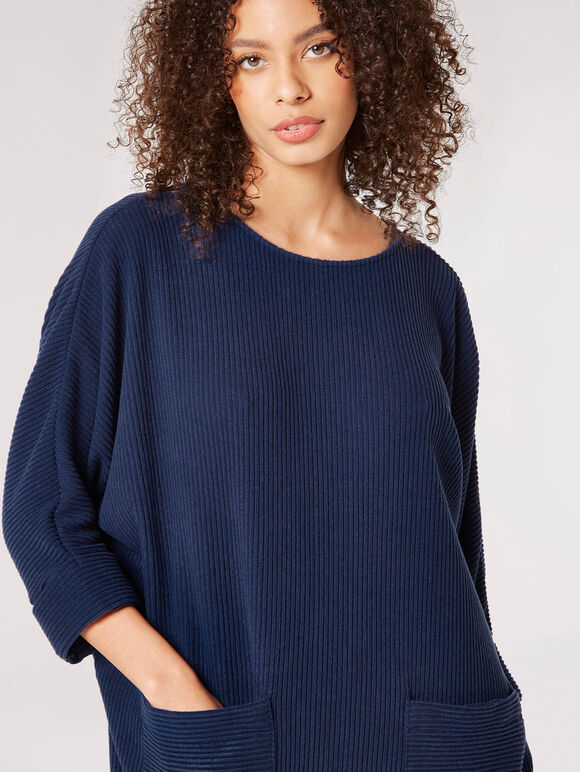 Ribbed Knit Cocoon Mini Dress, Navy, large