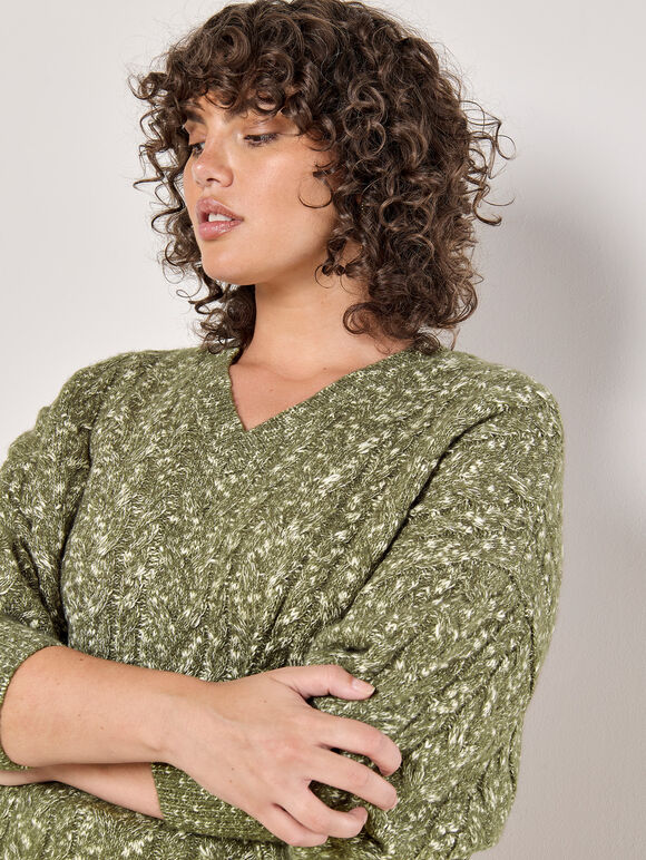 Curve Cable Knit Flecked Jumper, Khaki, large