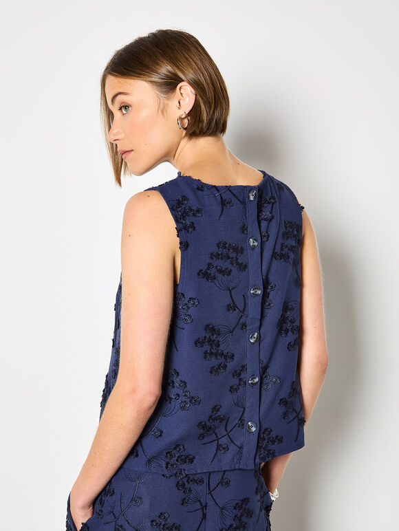 Embroidered Floral Linen Blend Shell Top, Navy, large