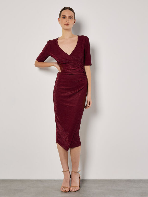 Foil Sparkle Ruched Midi Dress, Burgundy, large