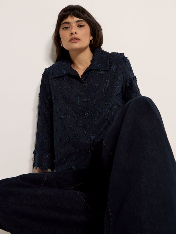 Applique Flowers Cropped Shirt, Navy, large