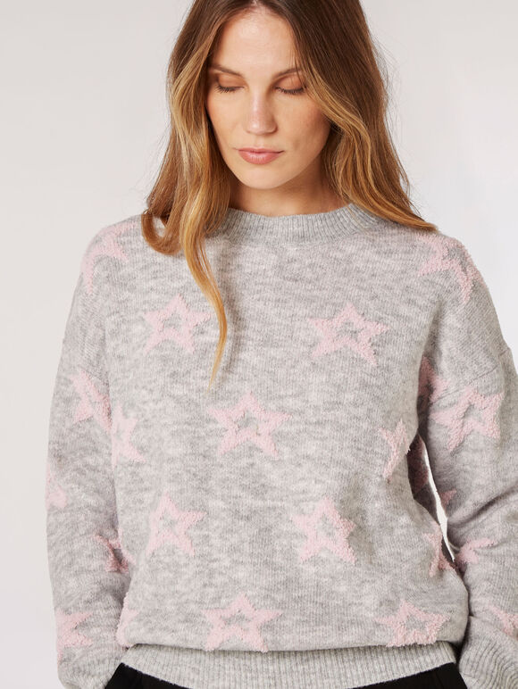 Star Crew Neck Jumper, Grey, large