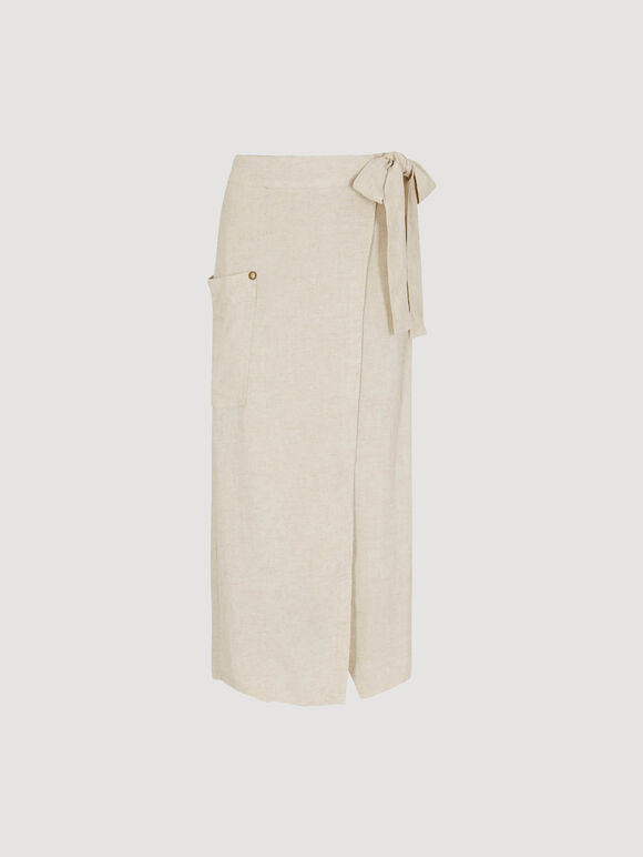Linen Blend Wrap Midi Skirt, Cream, large