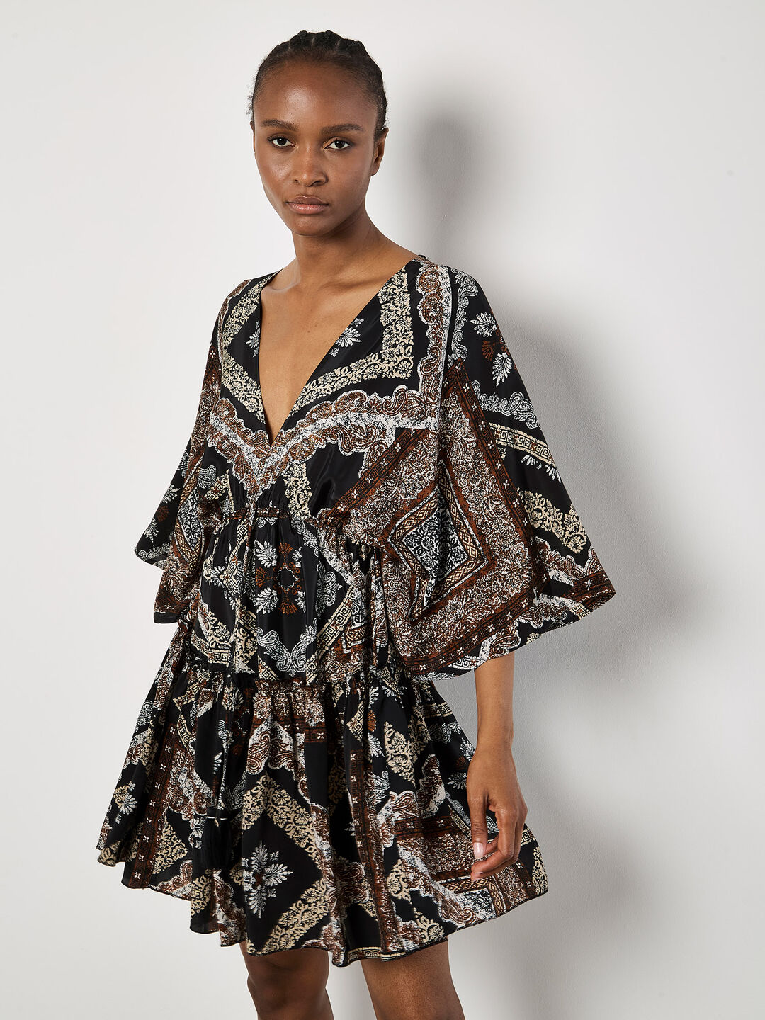 Image of Satin Scarf Print Kaftan Mini Dress