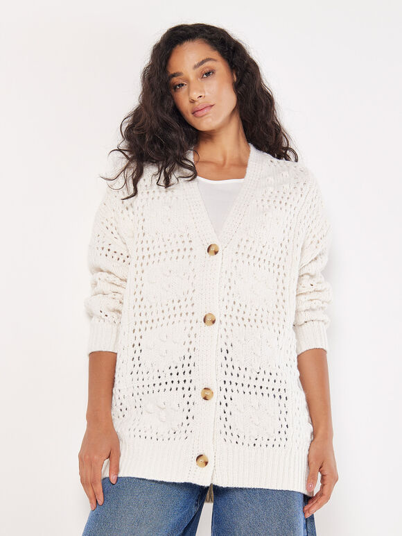 Chunky Patchwork Oversized Cardigan, Stone, large