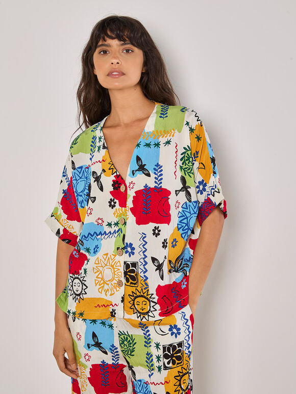 Colourful Sketch Print Top, Cream, large