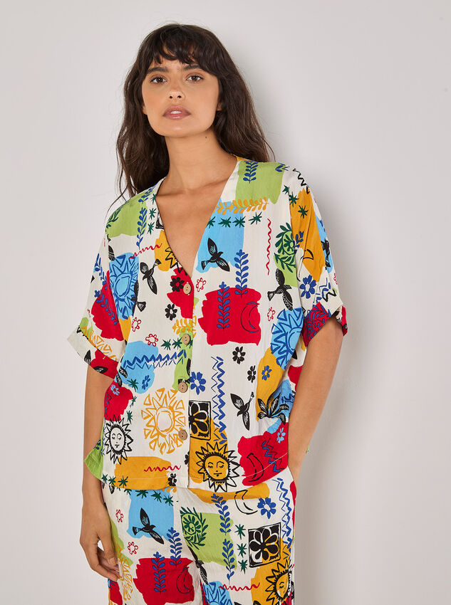 Colourful Sketch Print Top, Cream, large