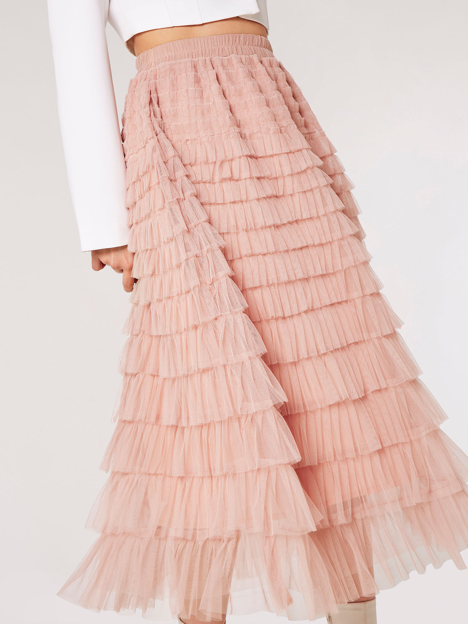 Tulle Ruffle Tiered Midi Skirt Apricot Clothing