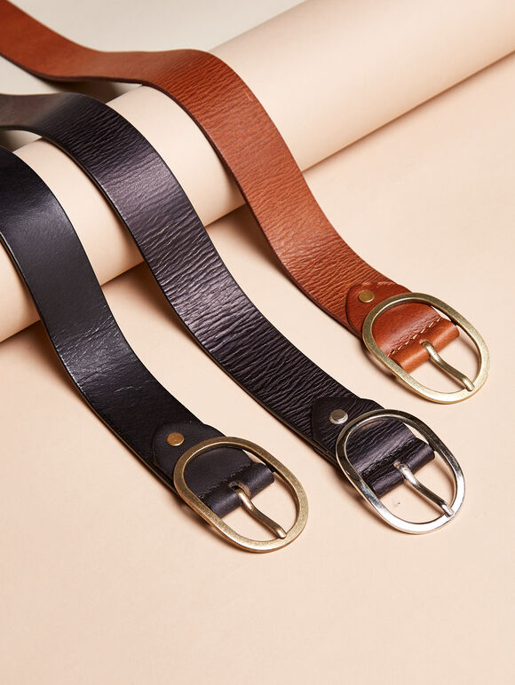 Silver buckle leather belt, Black, large