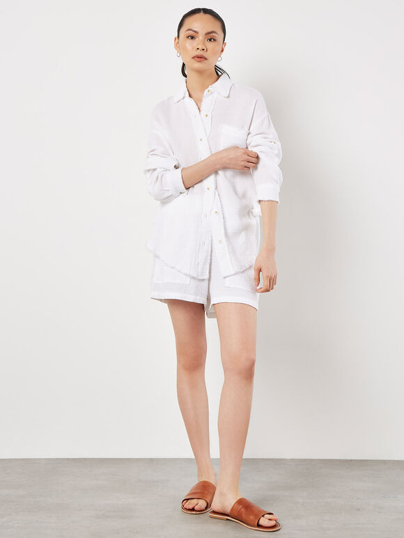 Textured Cotton Oversized Shirt, White, large