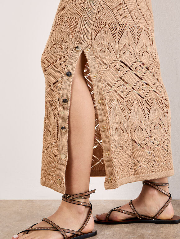 Pointelle Knit Maxi Skirt, Stone, large
