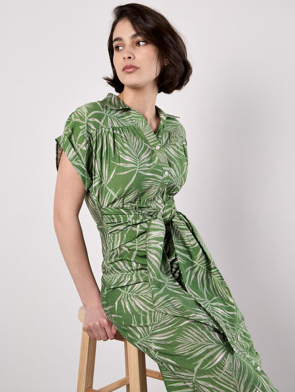 Palm Leaf Shirt Midi Dress, Green, large
