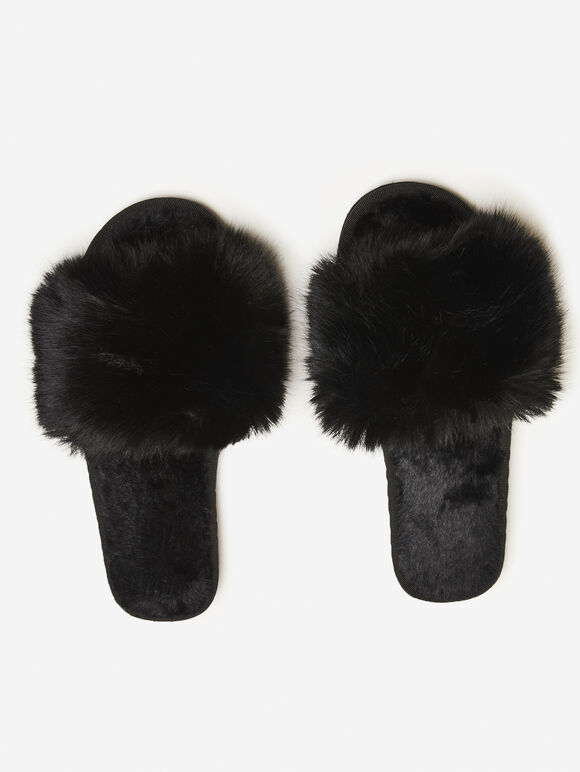Cosy Faux Fur Luxe Slippers, Black, large