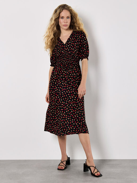 Ditsy Floral Smocked Midi Dress, Orange, large