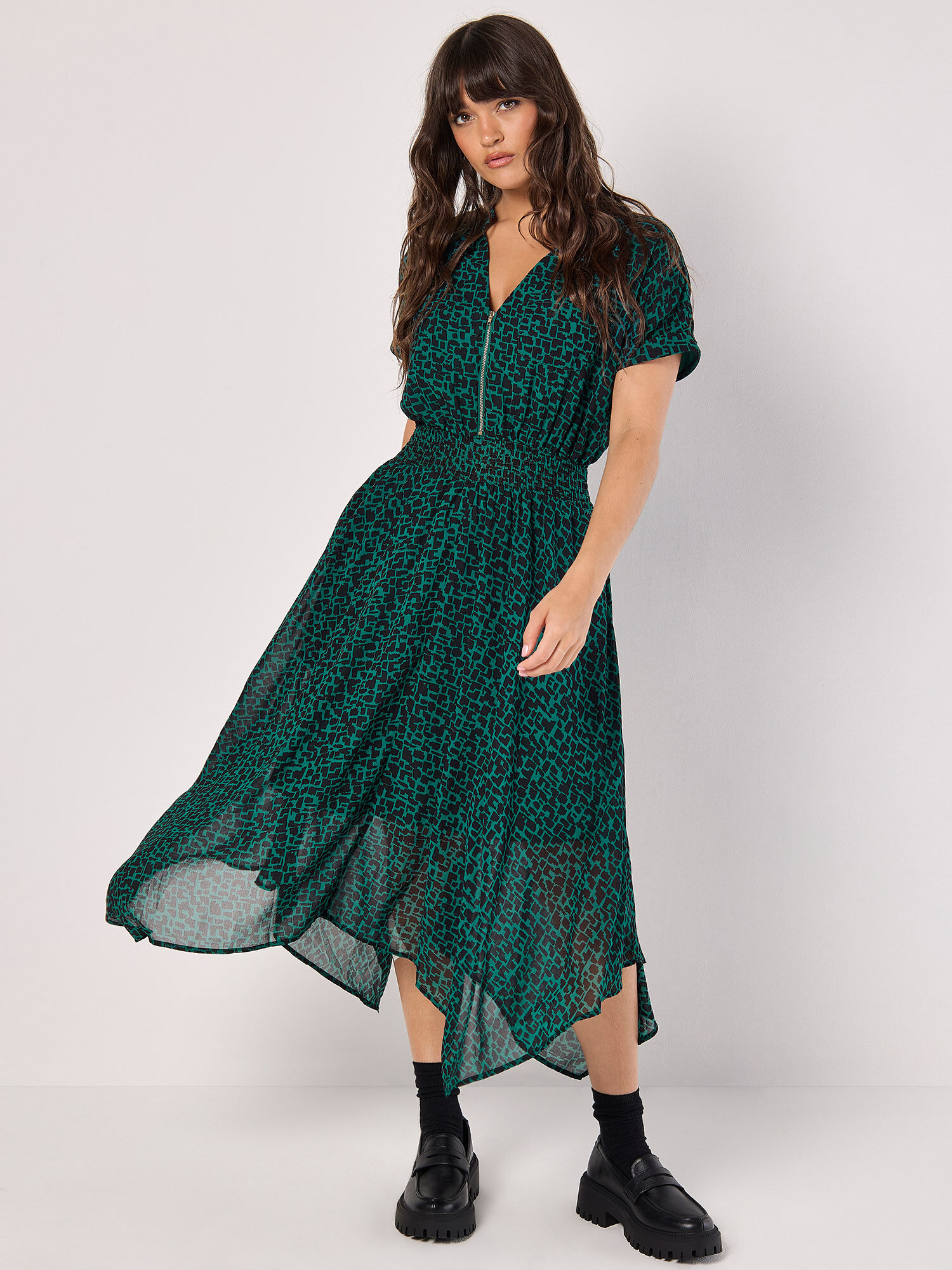 Abstract Squares Chiffon Midi Dress Apricot Clothing