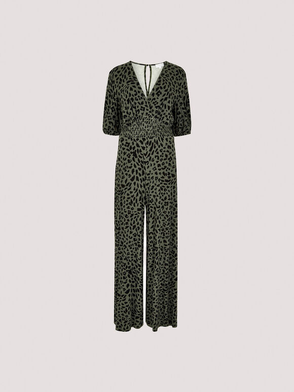 Cheetah Print Jersey Jumpsuit, Khaki, large
