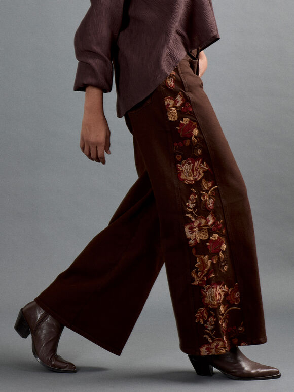 Floral Embroidered Wide-Leg Jeans, Orange, large