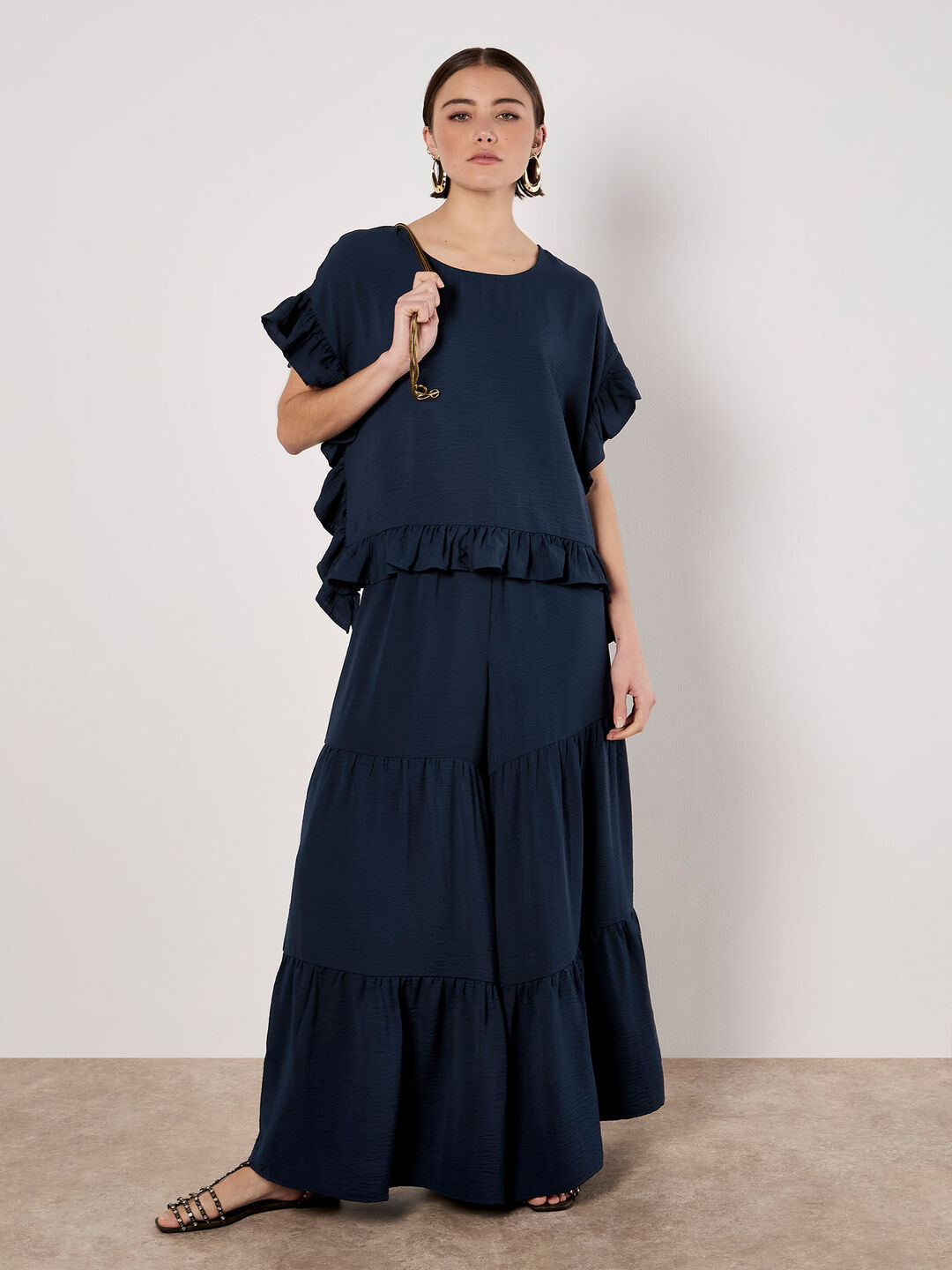 Image of Navy Ruffle Trim Woven Top & Trouser Co-ord