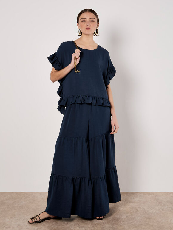 Wide Leg Tiered Trousers, Navy, large