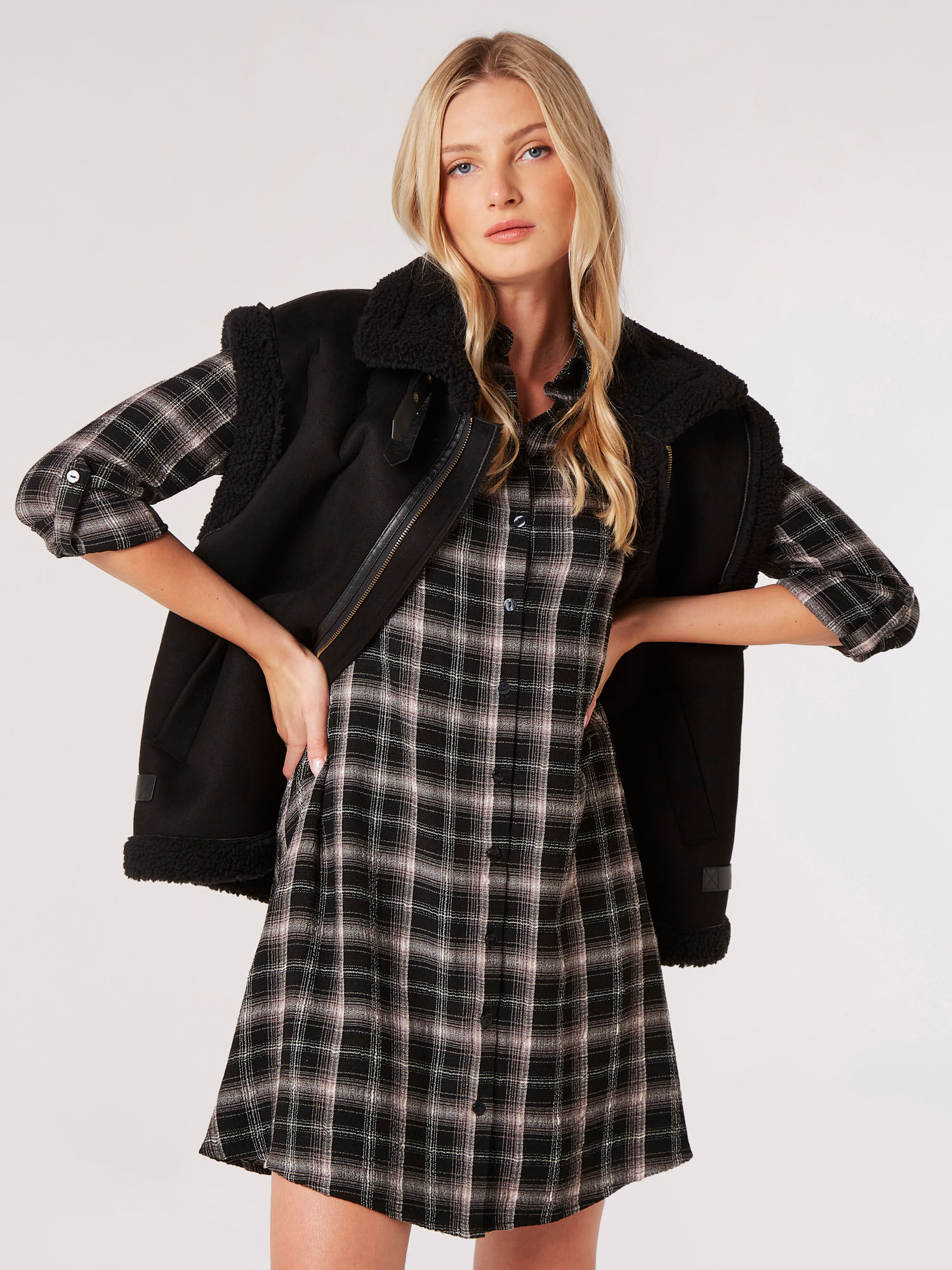 Checked Shirt Mini Dress Apricot Clothing