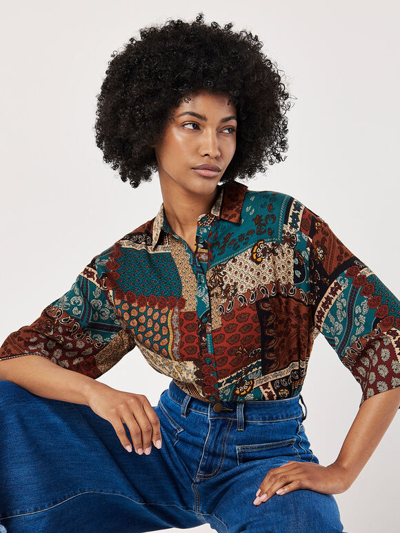 Patchwork Paisley Boxy Shirt, Rust, large