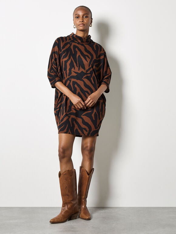 Zebra Print Cocoon Mini Dress, Rust, large