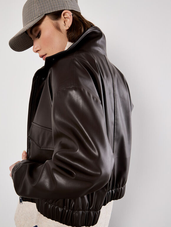 Faux Leather Bomber Jacket, Brown, large