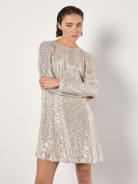Sequin Embellished Shift Mini Dress, Stone, large