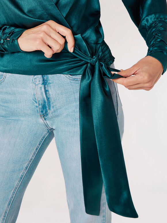 Textured Satin Wrap Top, Teal, large