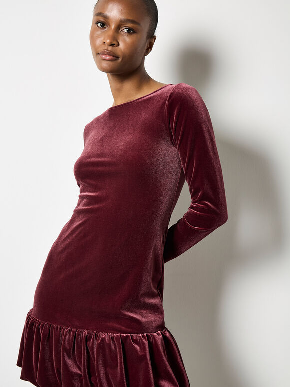 Velvet Bodycon Bubble Hem Mini Dress, Burgundy, large