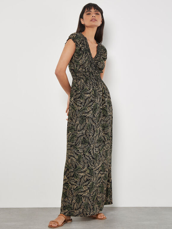 Rustic Leaf Print Smocked Maxi Dress, Khaki, large