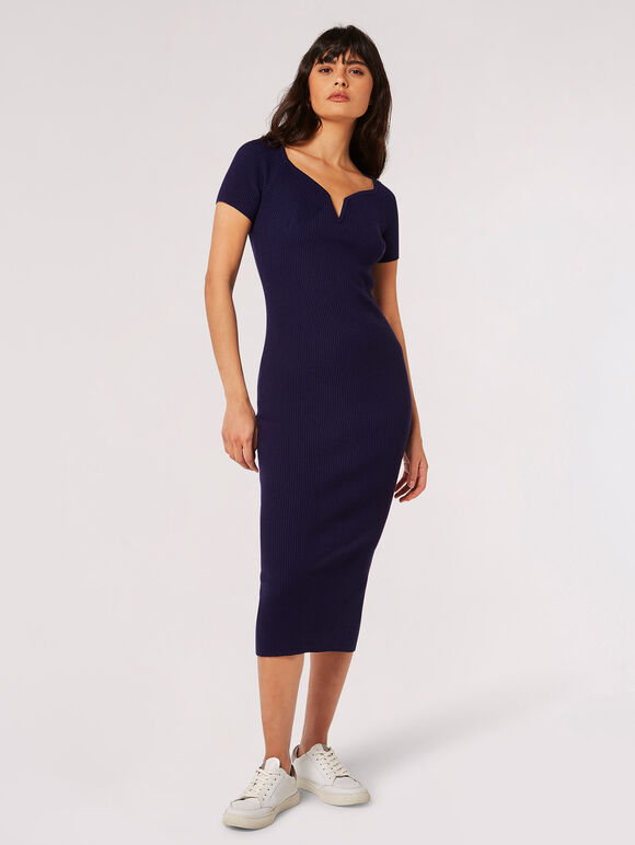 Rib Knit Bodycon Midi Dress, Navy, large