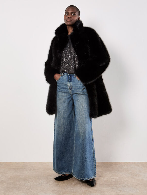 Faux Fur Longline Coat, Black, large