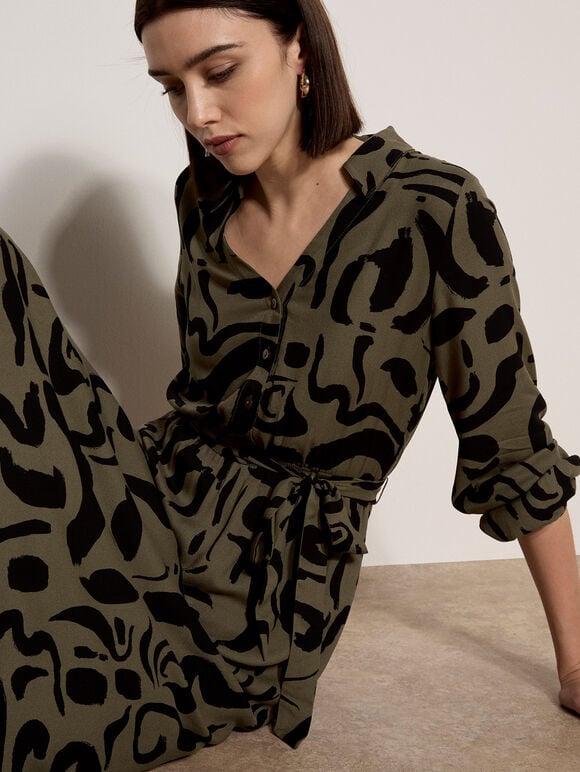 Abstract Brushstroke Midi Dress, Khaki, large