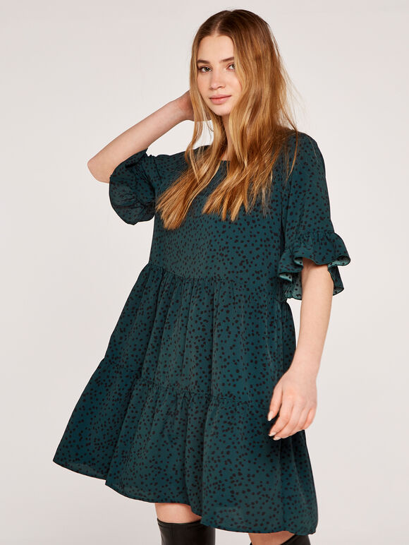 Spot Tiered Ruffle Dress, Green, large