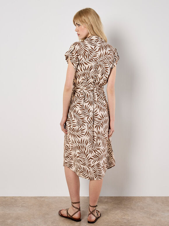 Leaf Print Shirt Midi Dress, Brown, large
