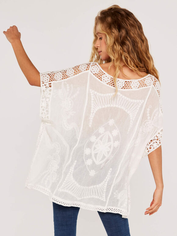 Embroidered Crochet Top, Cream, large