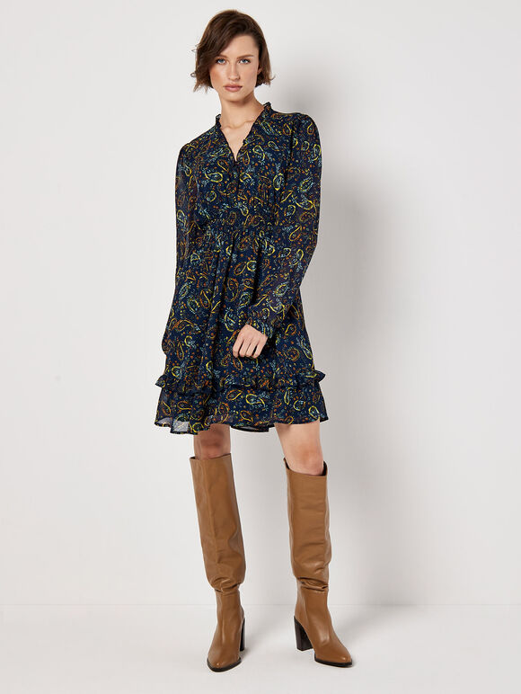 Paisley Ruffle Mini Dress , Navy, large