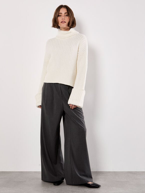 Chunky Knit Roll Neck Jumper, Cream, large