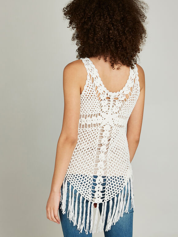 Crochet Curved Fringe Hem Top, Cream, large