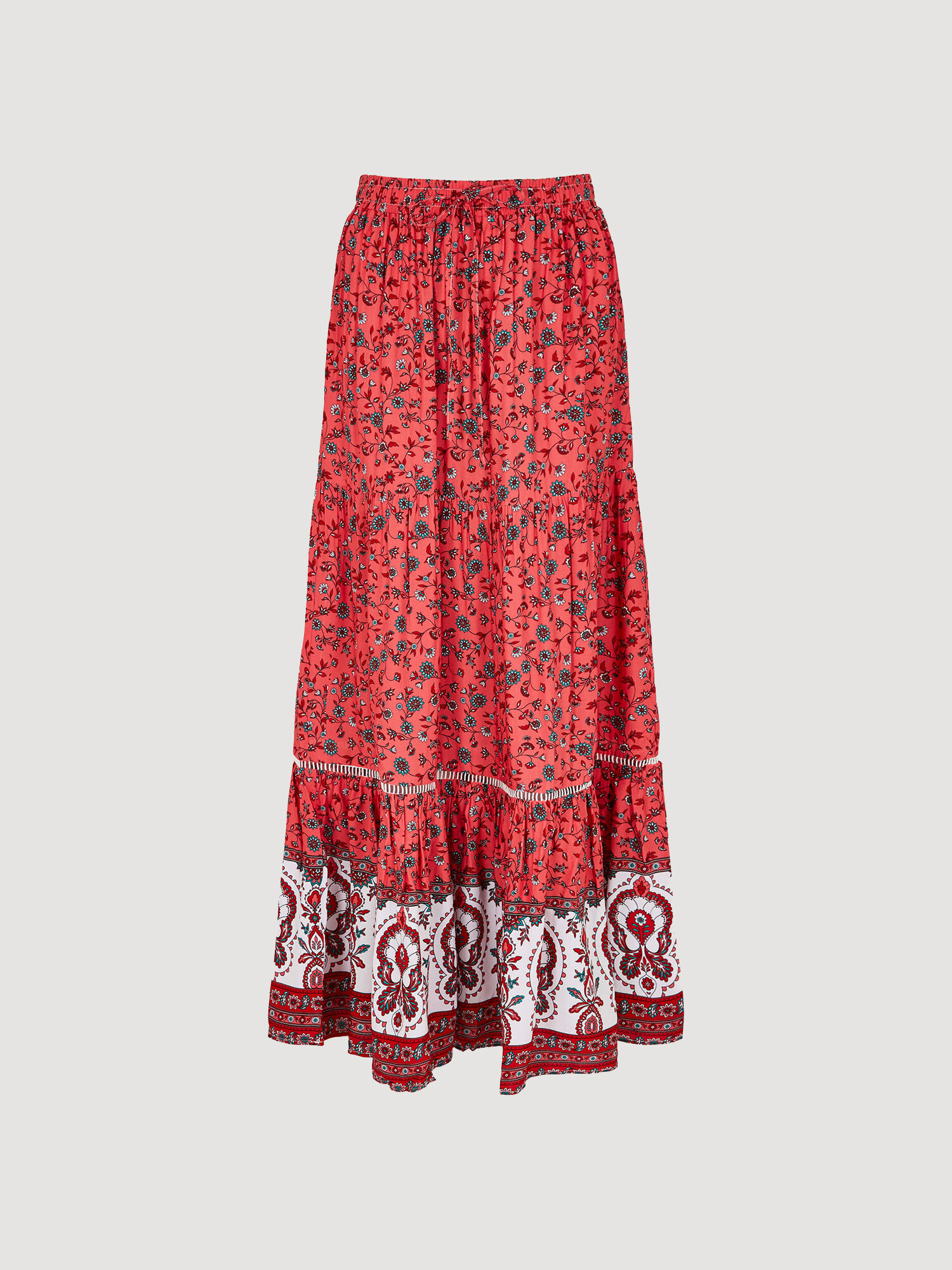 Sarasa Floral Tiered Maxi Skirt Apricot Clothing