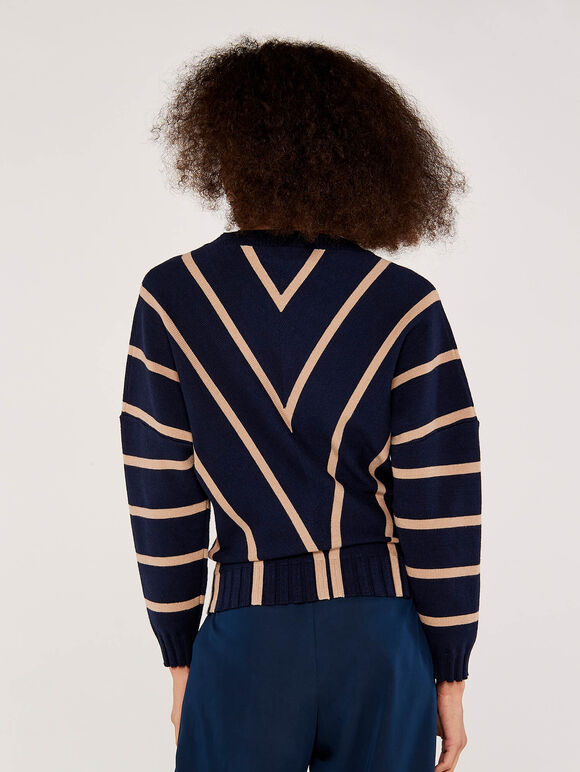 Chevron V Neck Jumper, Navy, large