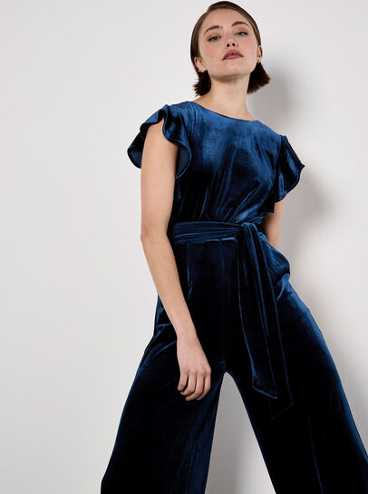 Wide Leg Velvet Ruffle Jumpsuit