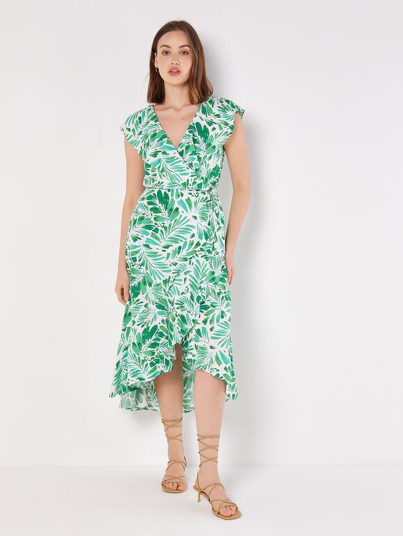 Tropical Leaf Ruffle Wrap Midi Dress, Cream, large