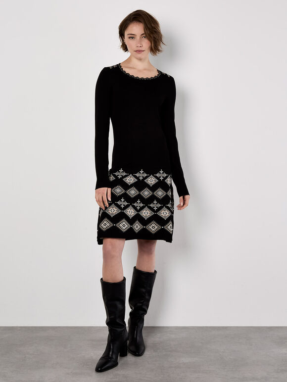 Diamond Border Snood Knitted Mini Dress, Black, large