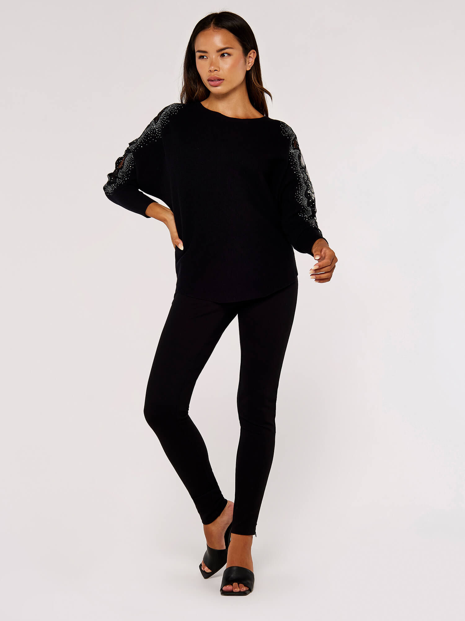 Embellished Sleeve Batwing Jumper Apricot Clothing