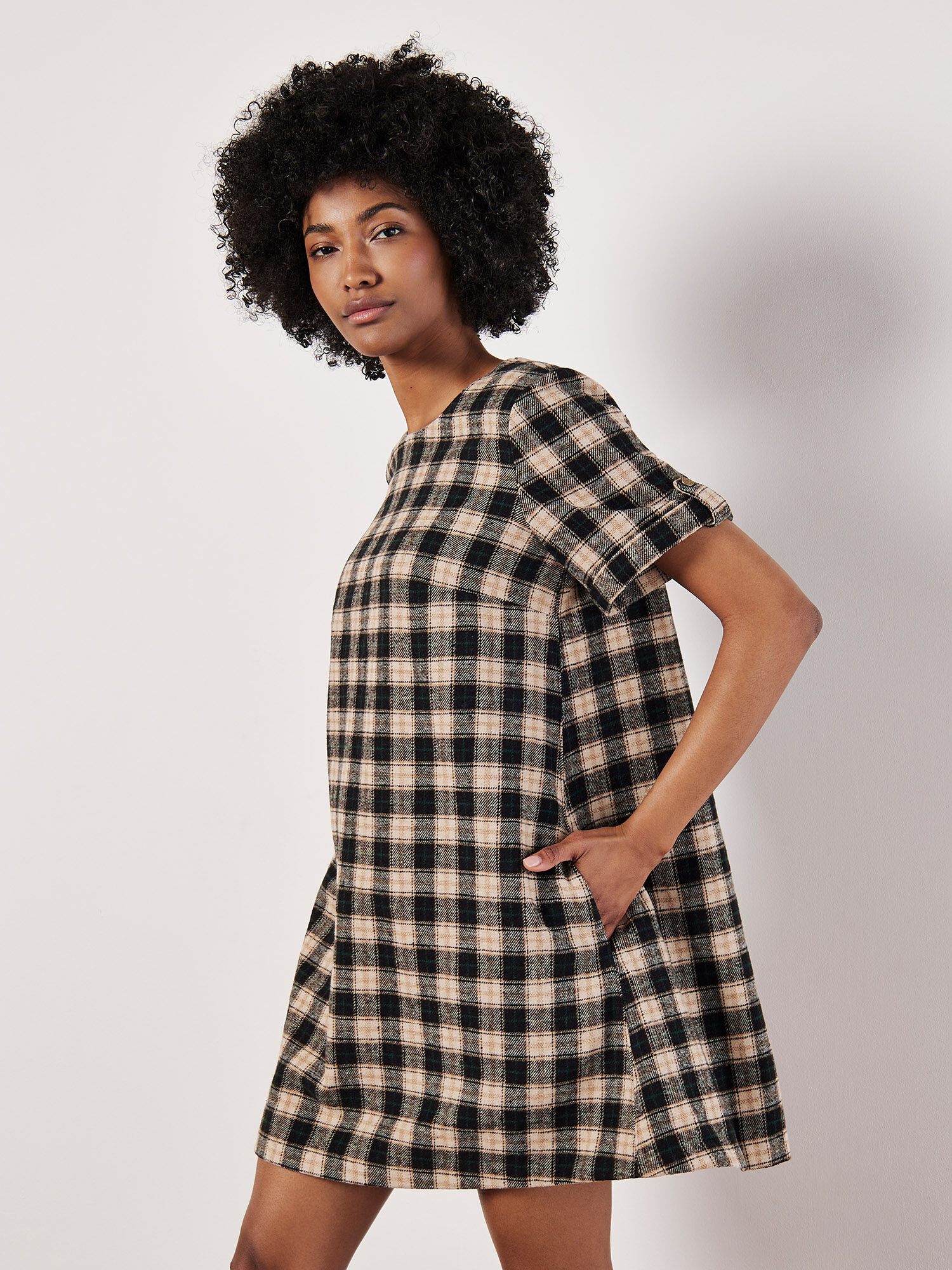 Check Print Swing Mini Dress Apricot Clothing