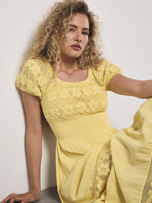 Floral Lace Milkmaid Maxi Dress, Yellow, large