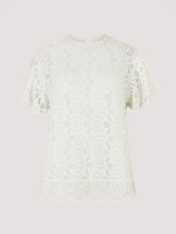 Embroidered High Neck Top, White, large